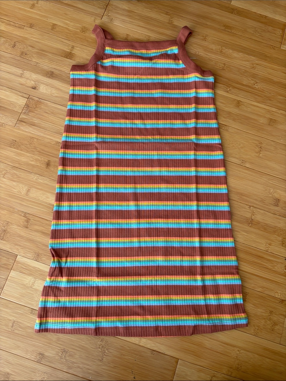 Hanna Andersson Rust Ribbed Midi Dress with Teal, Yellow & Orange Stripes